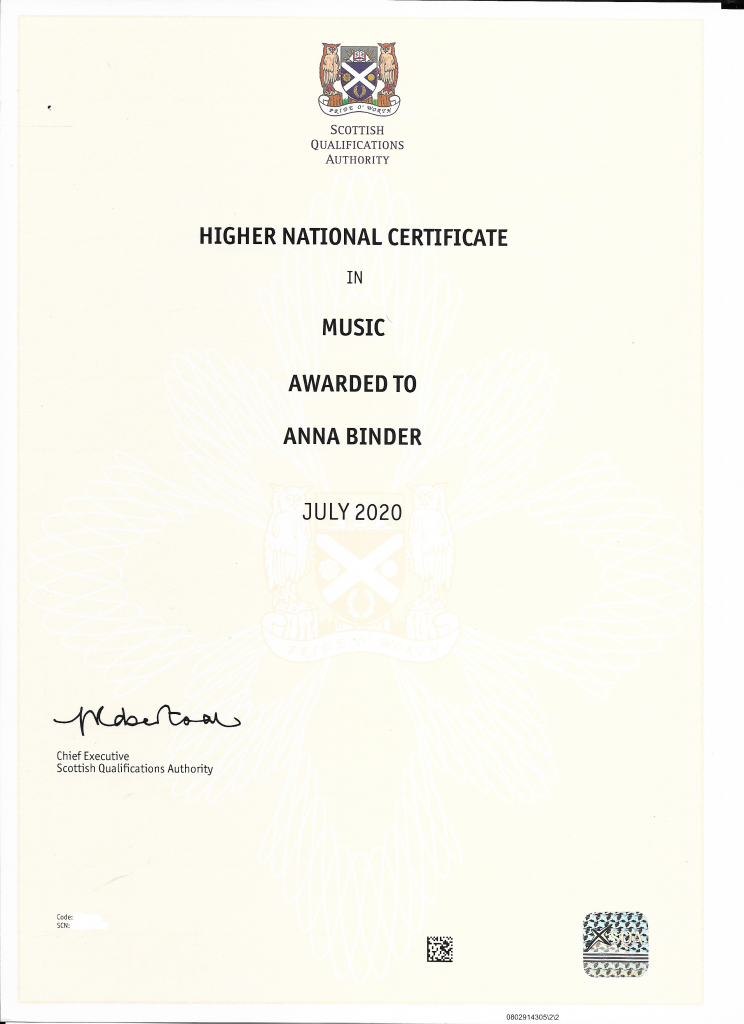 Higher National Certificate in Music awarded to Anna Binder July 2020