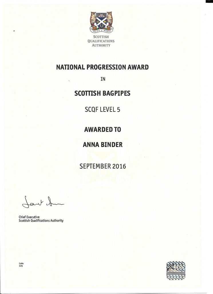 National Progression Award in Scottish Bagpipes SCQF Level 5 awarded to Anna Binder September 2016