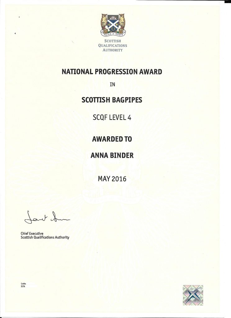 National Progression Award in Scottish Bagpipes SCQF Level 4 awarded to Anna Binder May 2016